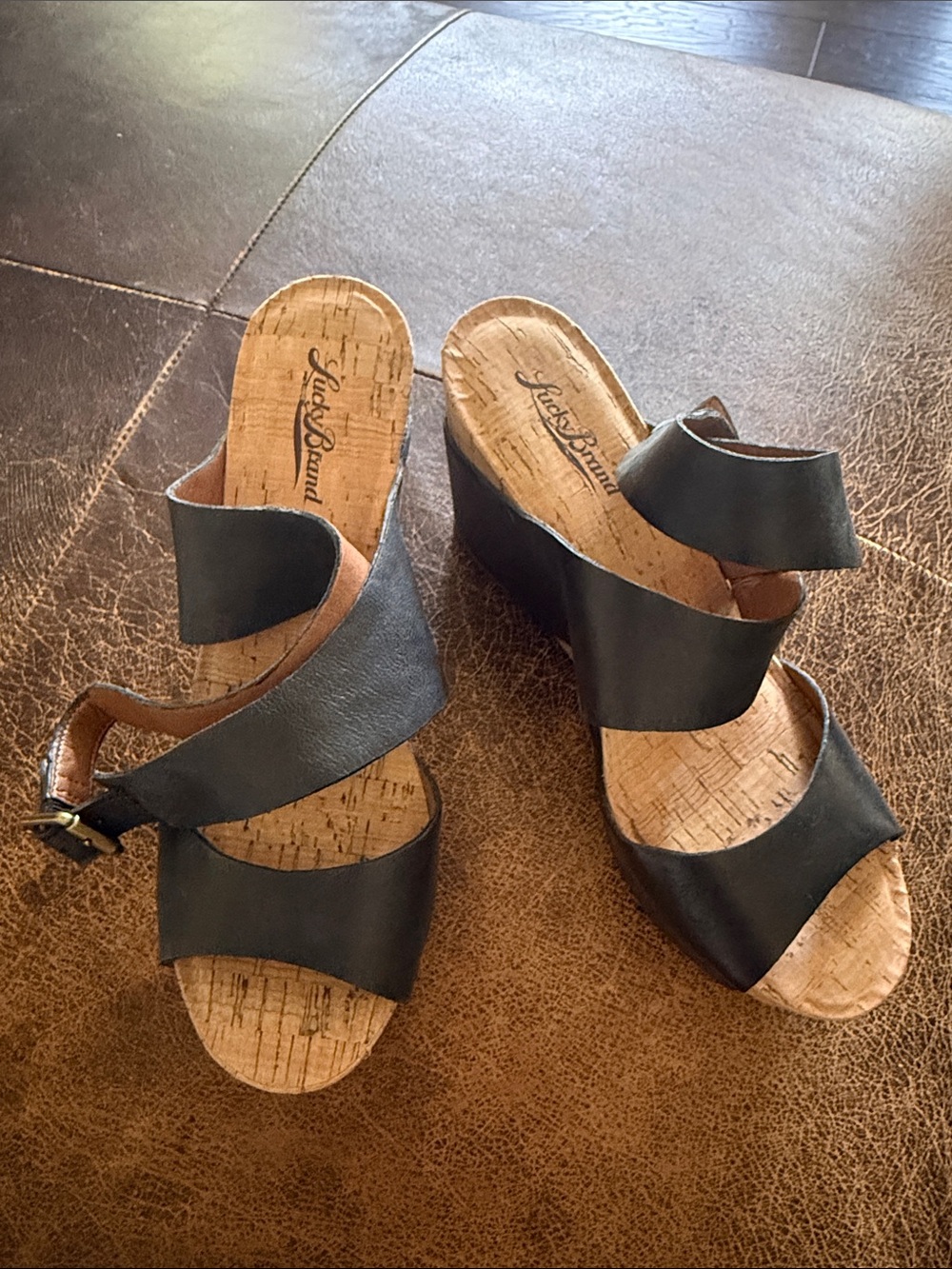 Lucky Brand Black Leather Cork Wedge Sandals